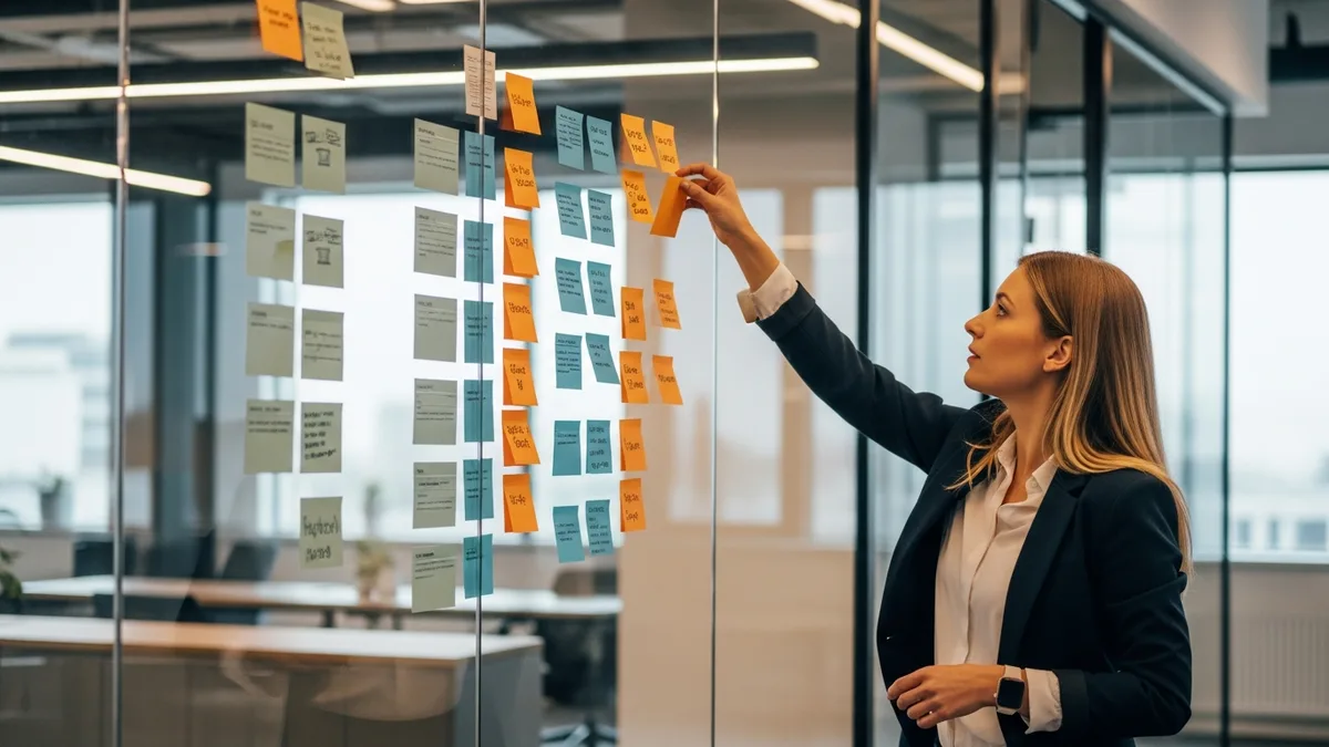 Project manager mapping software project scope and requirements stability on a glass wall