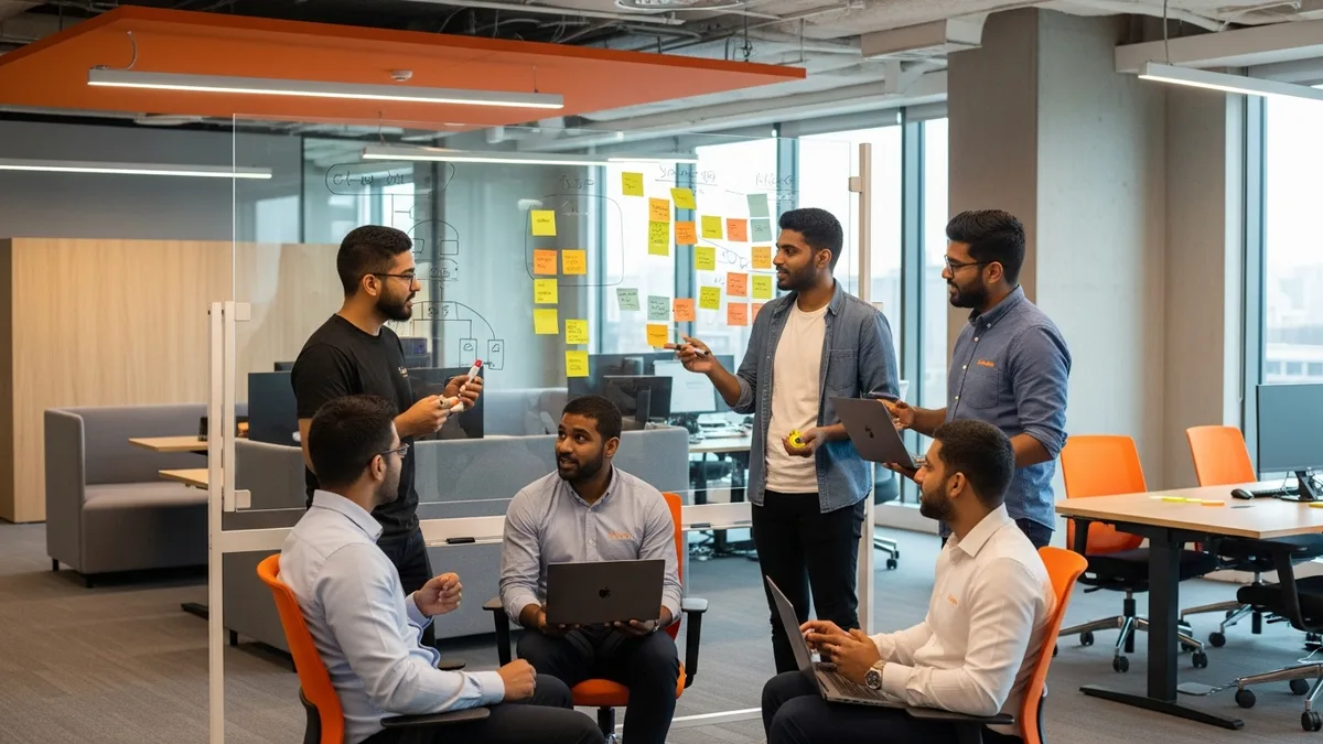 Internal engineering team collaborating with augmented staff contractors around a project whiteboard