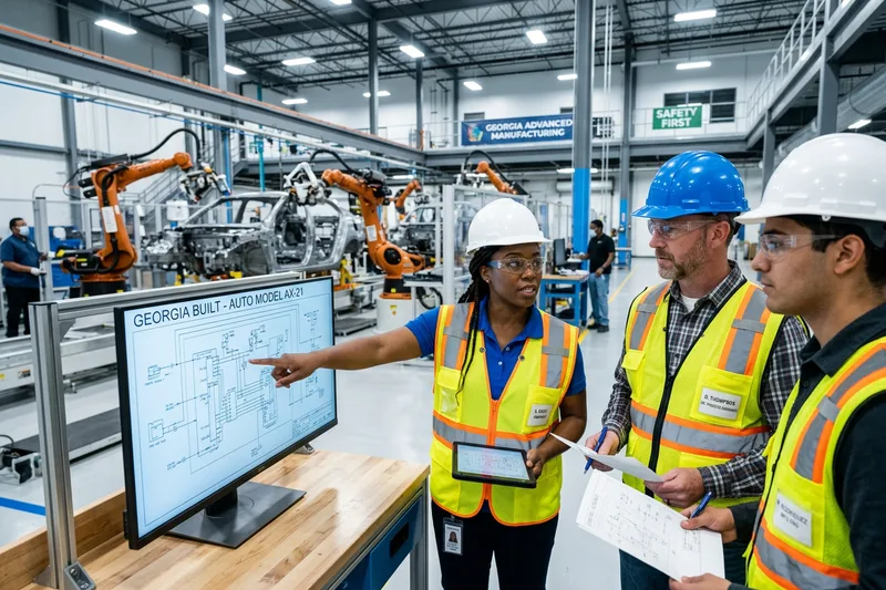 Engineering team reviewing plans in an Atlanta manufacturing facility