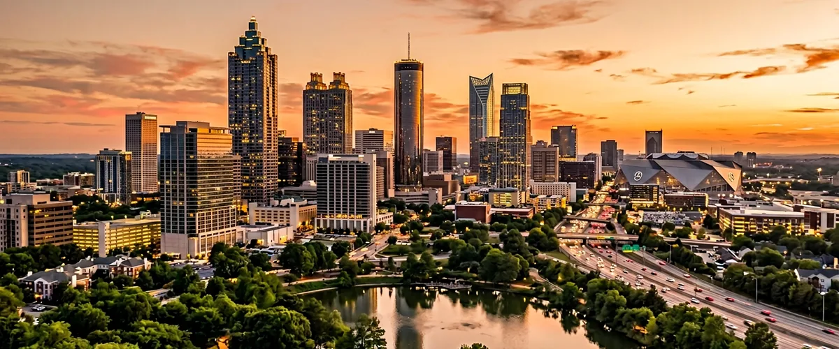 Atlanta skyline at golden hour showing KORE1 staffing agency coverage