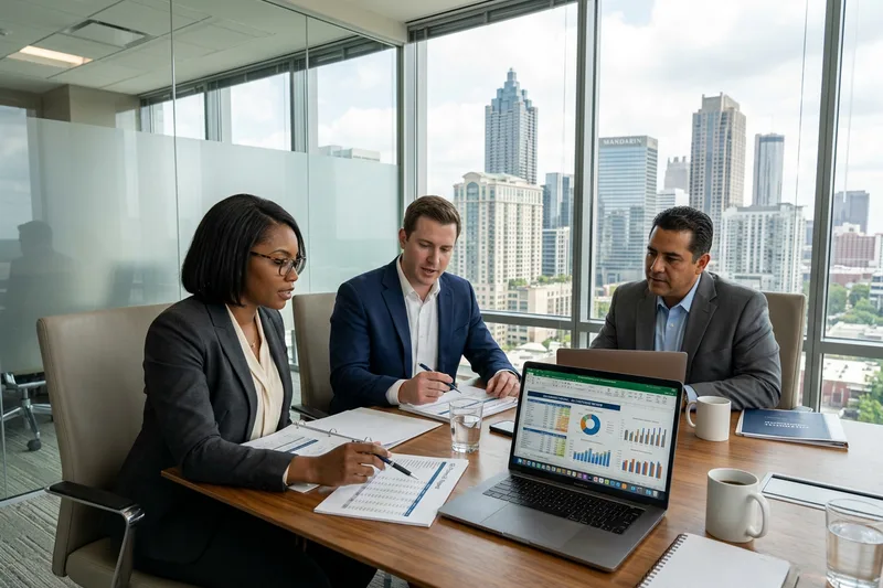 Finance professionals reviewing reports in a modern Buckhead Atlanta office