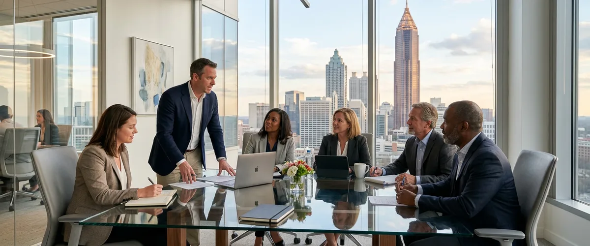 Atlanta skyline and business professionals collaborating in a Midtown office