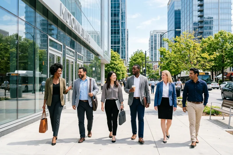 Diverse Atlanta business professionals meeting outside a Midtown office building