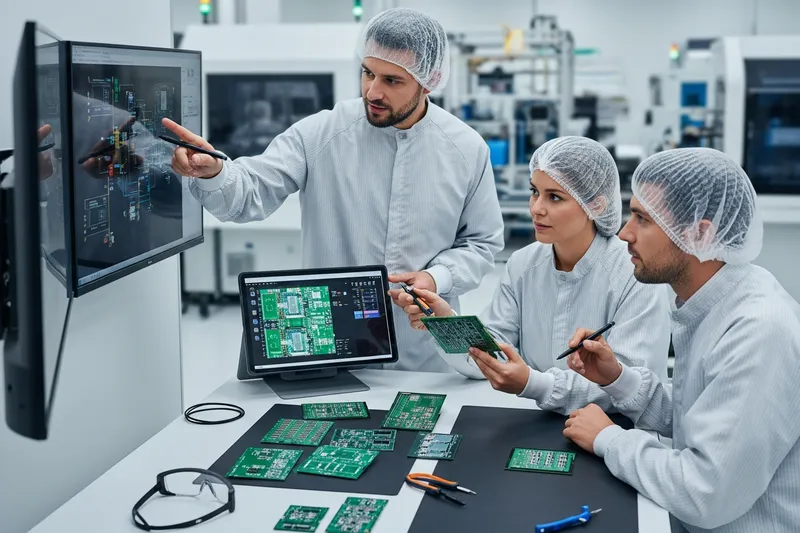 Engineering team reviewing schematics and hardware in a lab setting