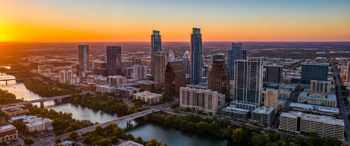 Austin Texas skyline at sunset with modern office towers