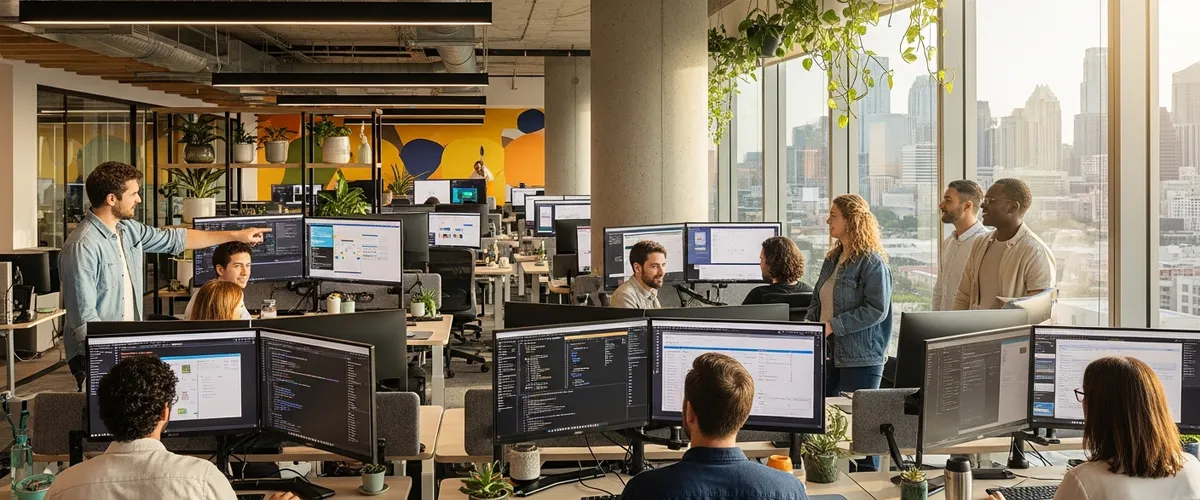 Modern Austin office with tech professionals and city skyline views