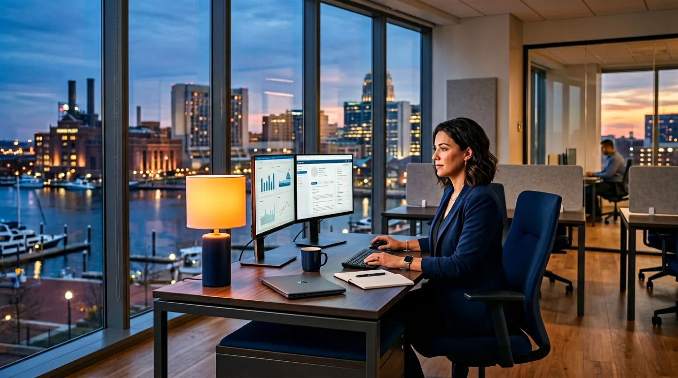 KORE1 staffing recruiter in a Baltimore office with the Inner Harbor skyline visible through the window