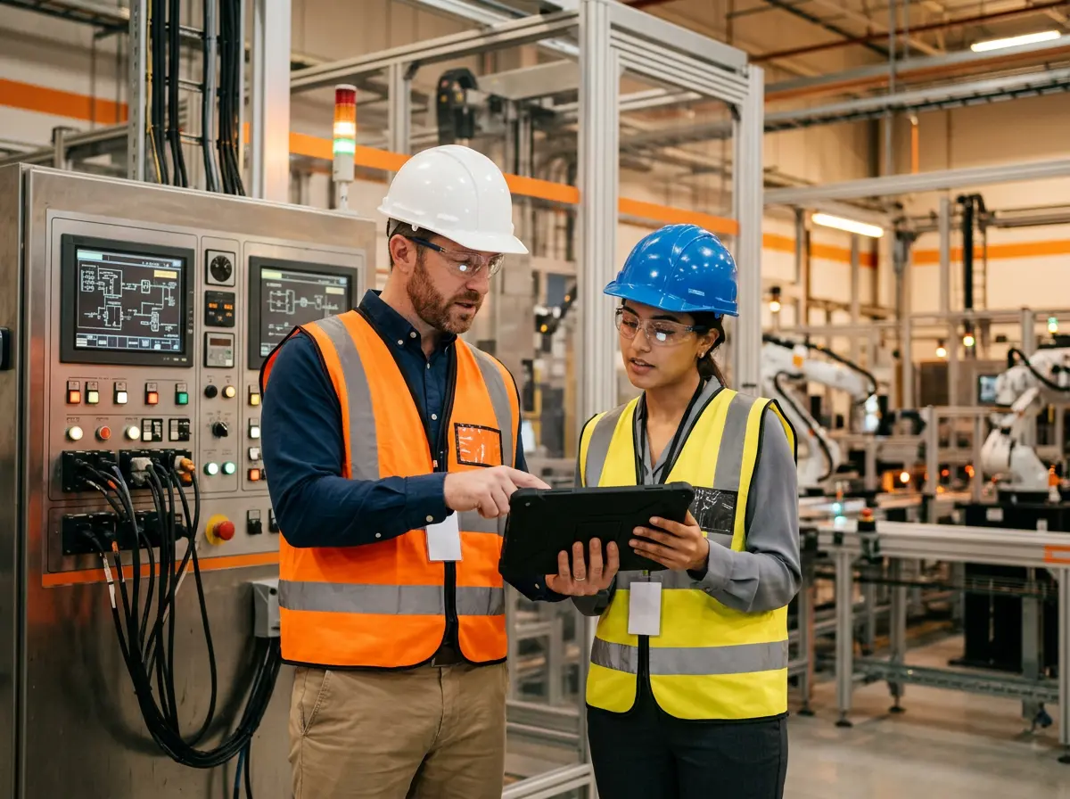 Engineers reviewing manufacturing plans at an advanced industrial facility outside Charlotte