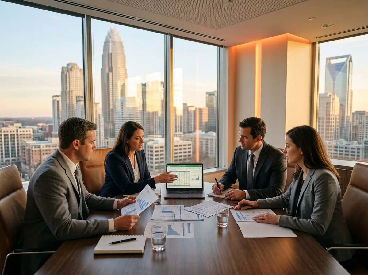 Finance and compliance team reviewing quarterly reports in a Charlotte banking tower