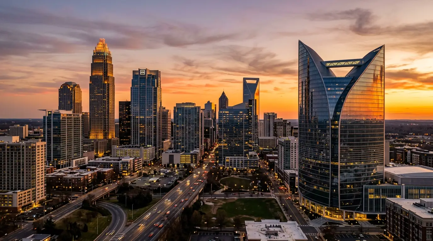 Charlotte NC Uptown skyline with banking towers at dusk