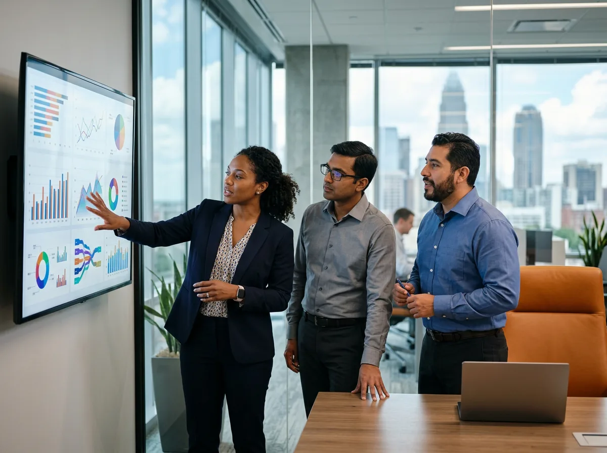IT professionals collaborating on a banking software project in a Charlotte office