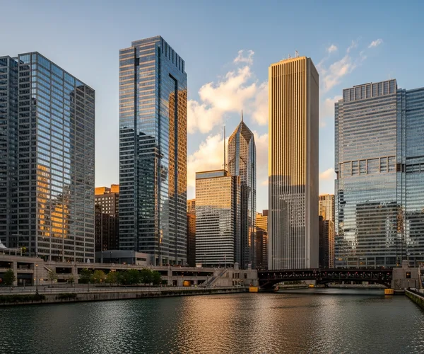Chicago skyline with modern office towers along the Chicago River at golden hour