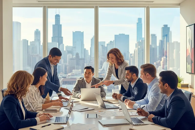 Chicago professionals collaborating in a modern Loop office with city views