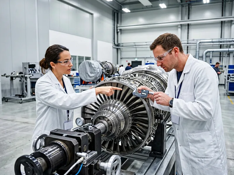 Aerospace engineers reviewing turbine assembly diagrams at a GE Aviation-style facility outside Cincinnati Ohio