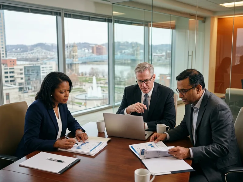 Finance professionals reviewing financial reports in a Cincinnati office tower overlooking the Ohio River