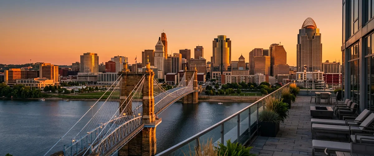 Cincinnati Ohio downtown skyline with the Roebling Suspension Bridge and Ohio River at golden hour