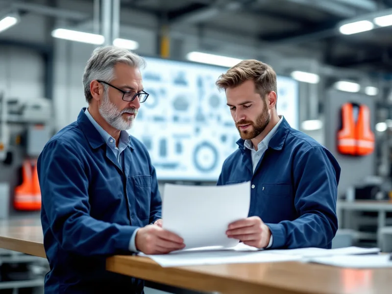 Aerospace and mechanical engineers reviewing component drawings at a Greater Cleveland manufacturing facility