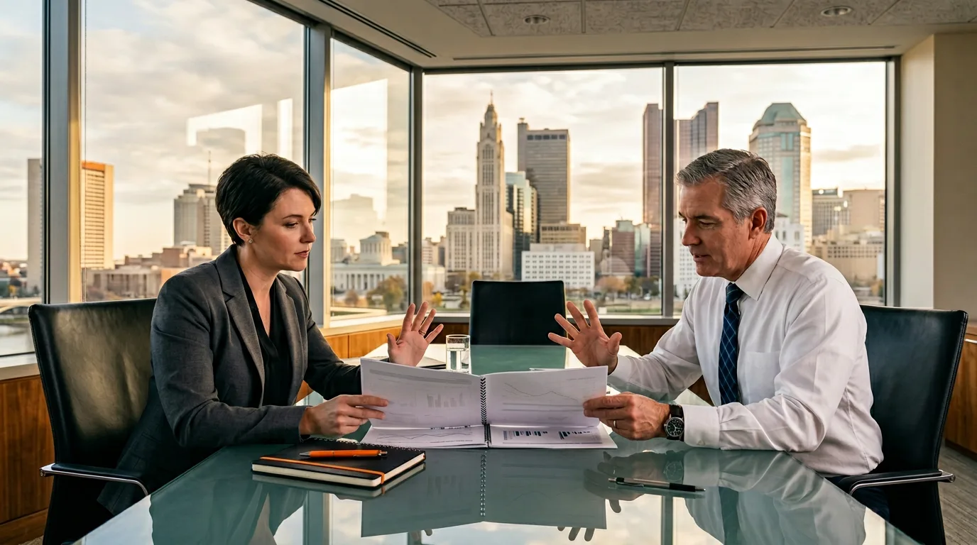 Finance professionals reviewing quarterly reports in a Columbus office tower