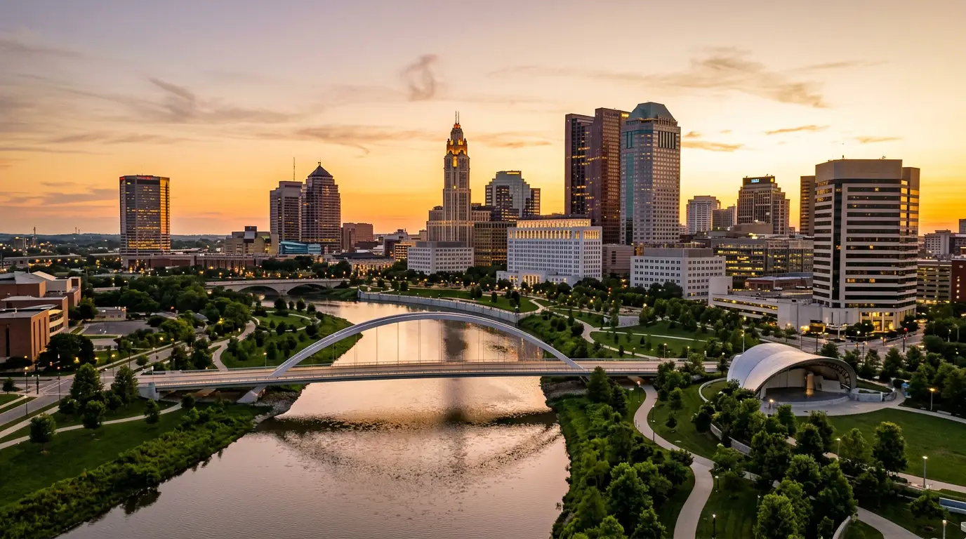 Columbus Ohio downtown skyline with Scioto Mile waterfront at golden hour