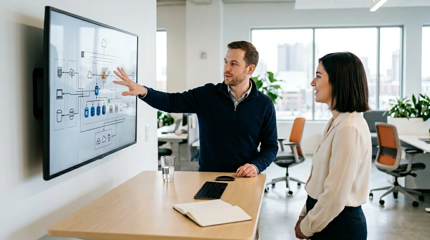 IT team collaborating on a cloud migration in a Columbus Ohio office