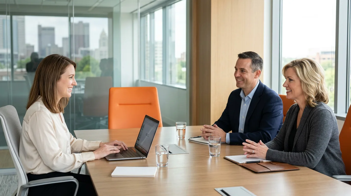 KORE1 recruiter and Columbus client team meeting in a modern conference room