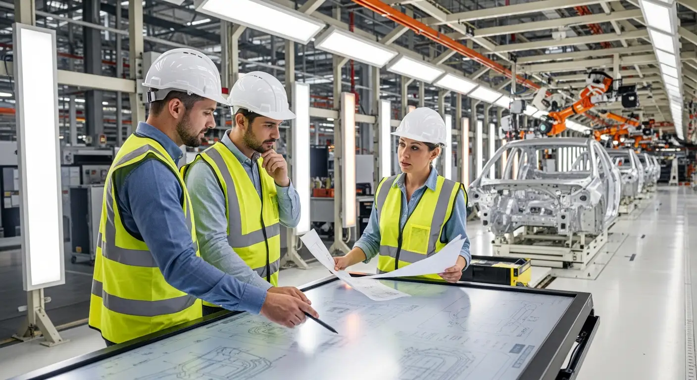 Detroit automotive plant floor with engineers and manufacturing professionals reviewing production data