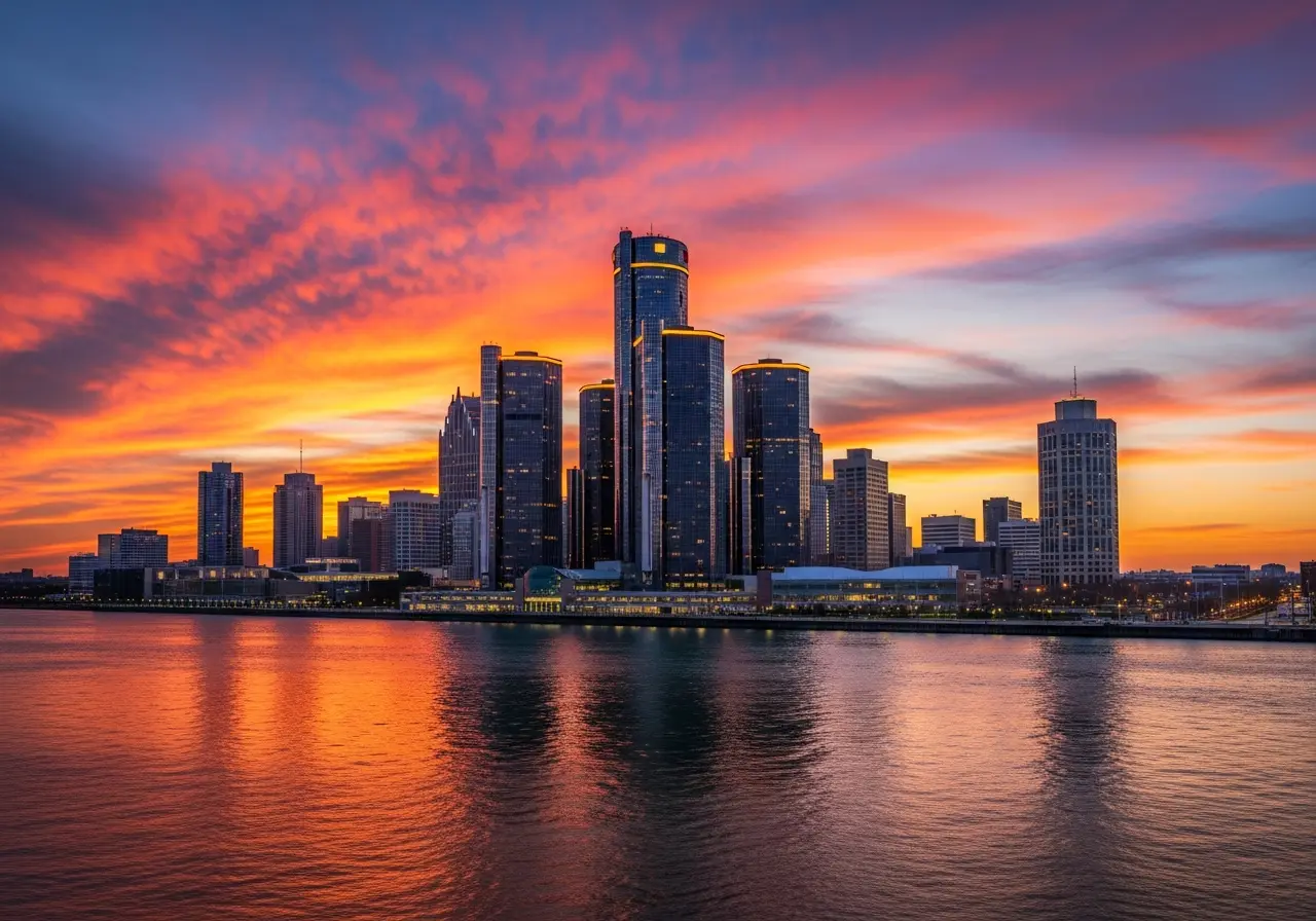 Detroit skyline with Renaissance Center towers reflecting on the Detroit River at dusk