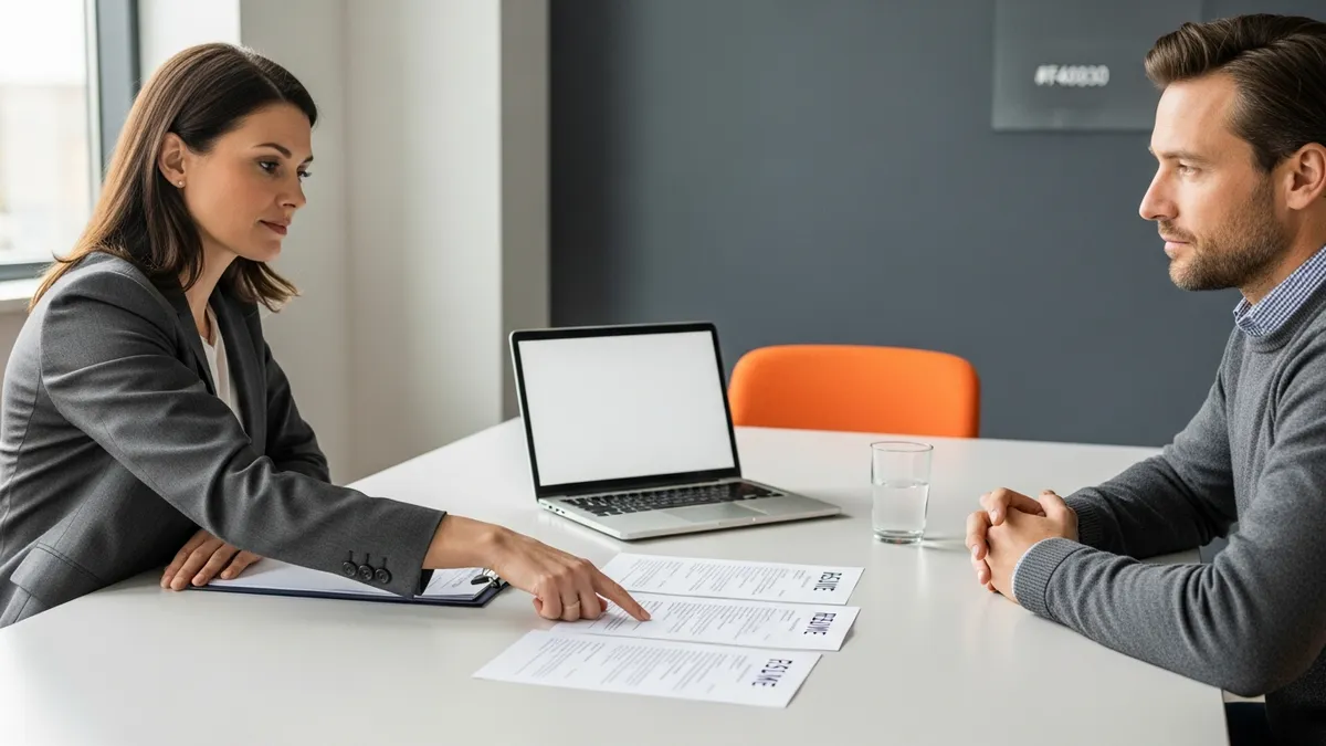 Hiring manager and staffing agency recruiter reviewing three candidate resumes across a modern conference table
