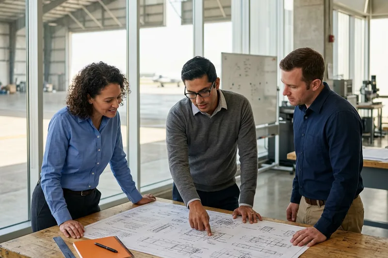 Aerospace and mechanical engineers reviewing a technical drawing near Clear Lake, Houston
