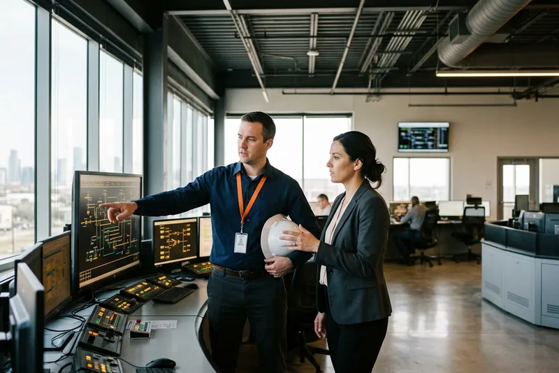 Energy industry professionals reviewing pipeline schematics in a Houston control room