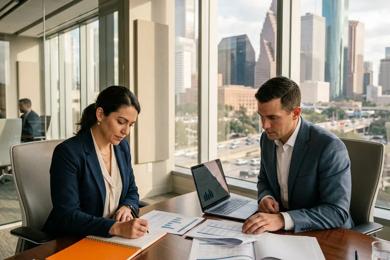 Finance professionals reviewing reports in a downtown Houston office with skyline view