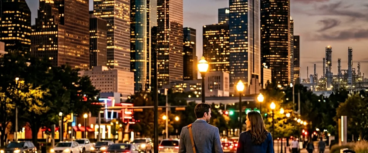 Downtown Houston skyline at dusk with business professionals walking near the Energy Corridor