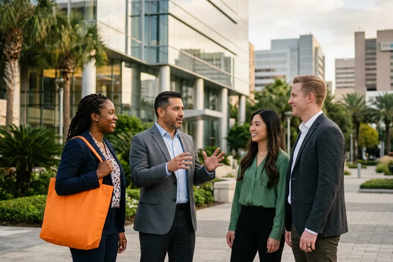 Diverse Houston business professionals meeting outside a modern Texas Medical Center office building