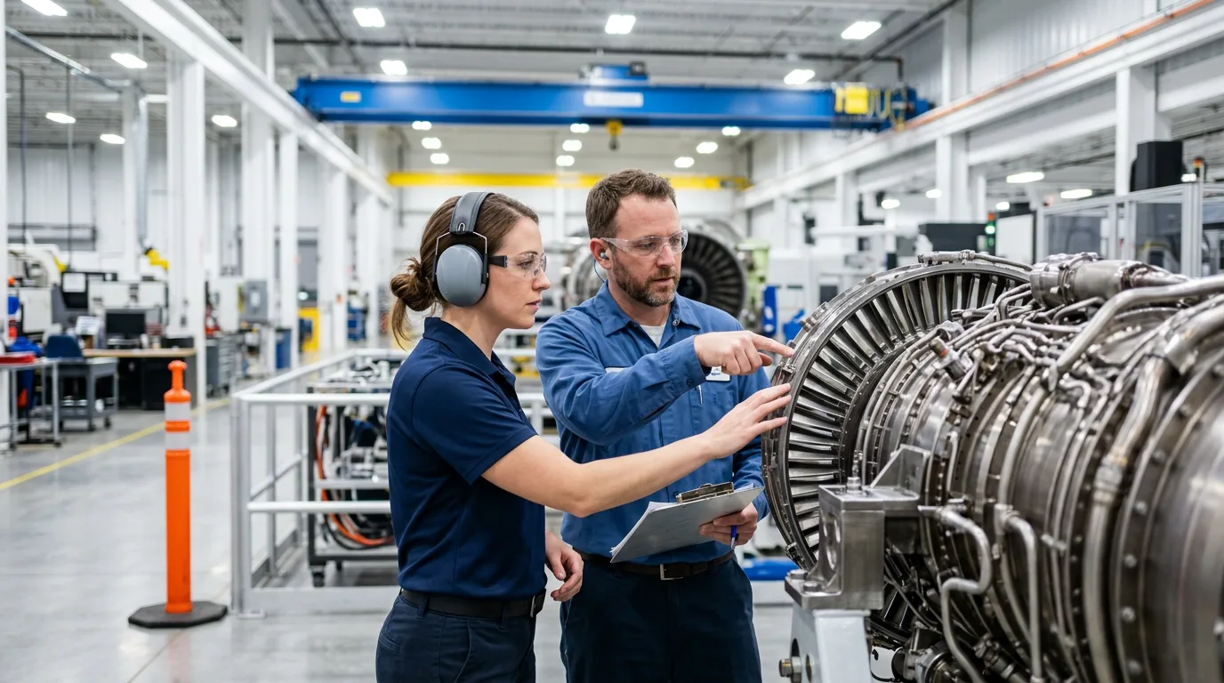 Engineers reviewing technical drawings inside an Indianapolis advanced manufacturing facility
