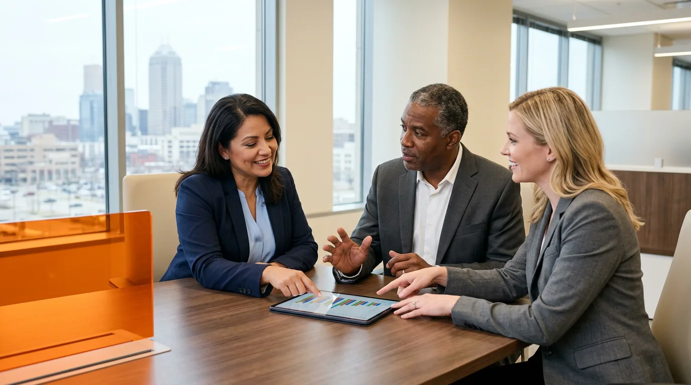 Finance professionals reviewing reports in a modern downtown Indianapolis office