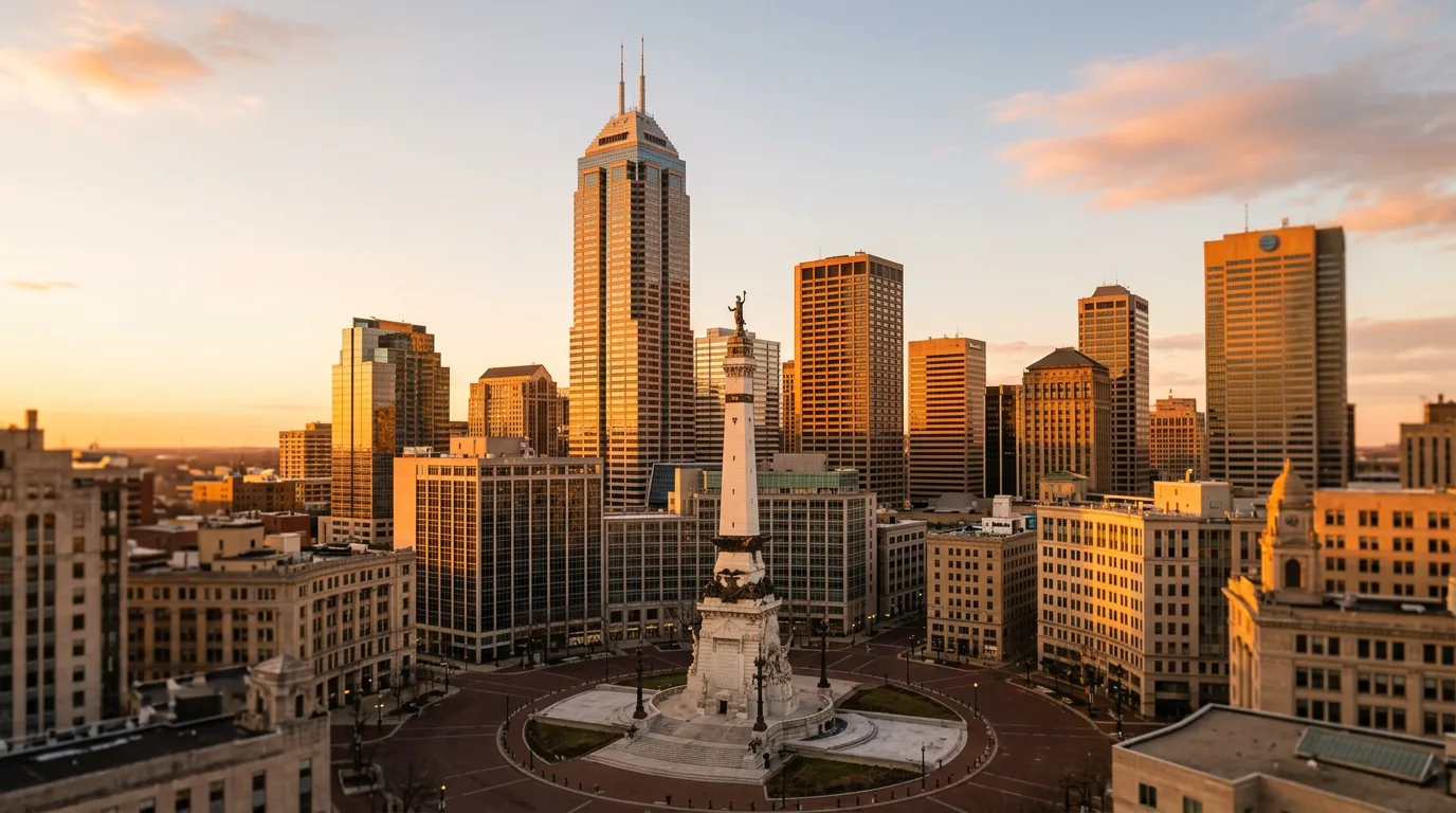 Indianapolis skyline with Salesforce Tower at golden hour staffing agency