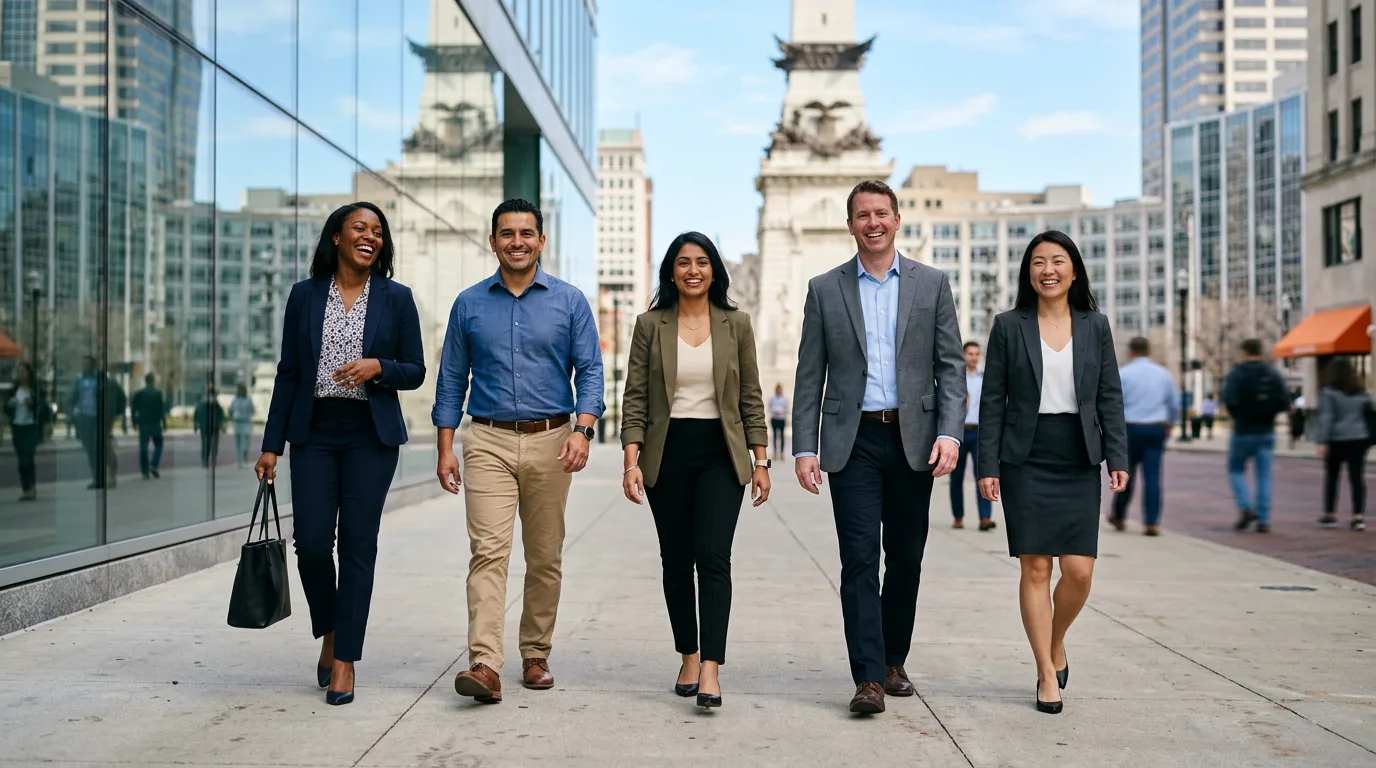 Diverse business professionals meeting outside a downtown Indianapolis office