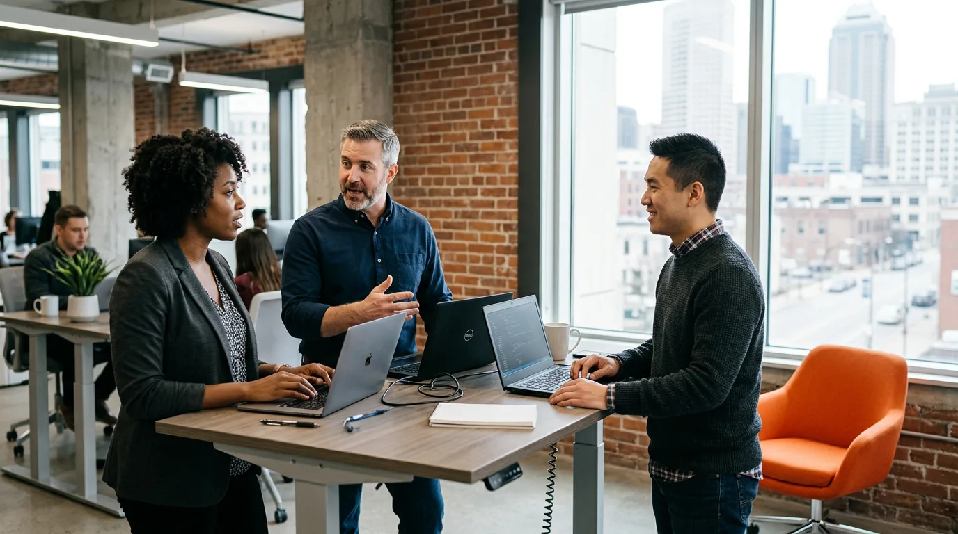 Software engineers collaborating in a downtown Indianapolis tech office