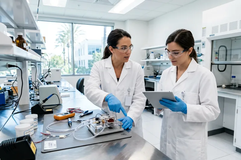Mechanical and biomedical engineers reviewing prototype designs at an Irvine medical device company