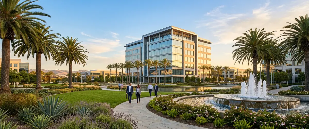 Modern Irvine, California corporate office building in a landscaped business park