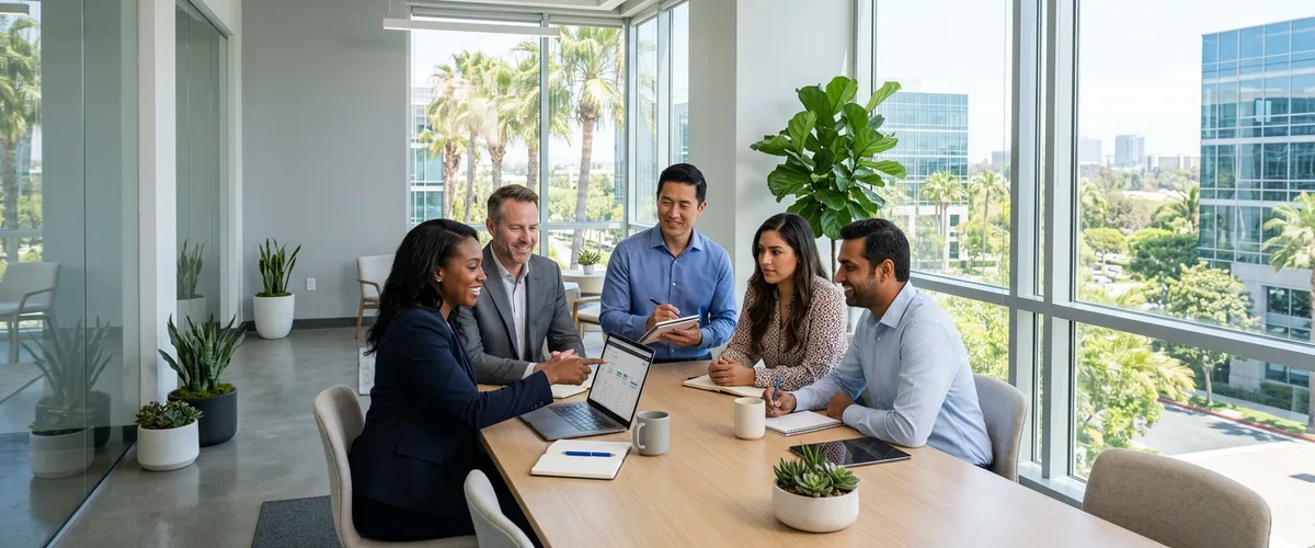 KORE1 staffing recruiters meeting with an Irvine, California client team in a modern office near the Irvine Spectrum