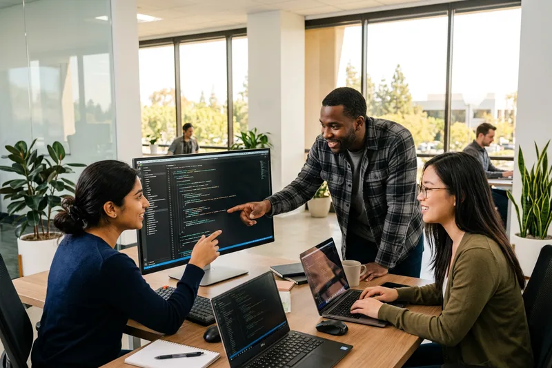 IT engineers collaborating at an Irvine technology company near the Spectrum business district