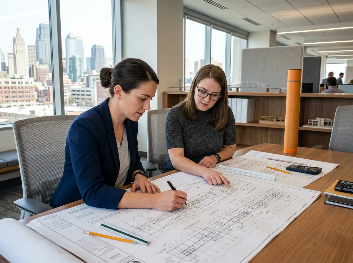 Civil engineers reviewing infrastructure blueprints in a Kansas City engineering firm conference room