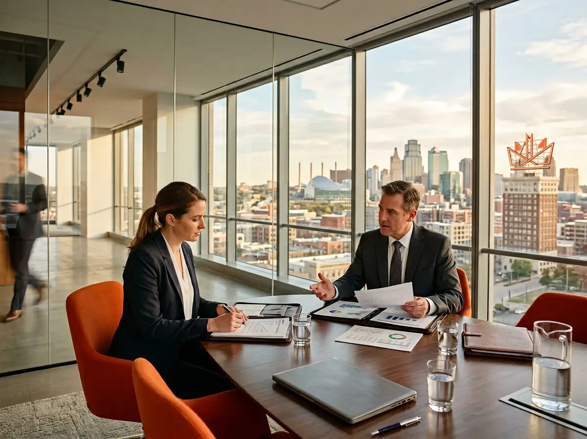 Finance professionals in a glass-walled conference room reviewing reports in a Kansas City high-rise