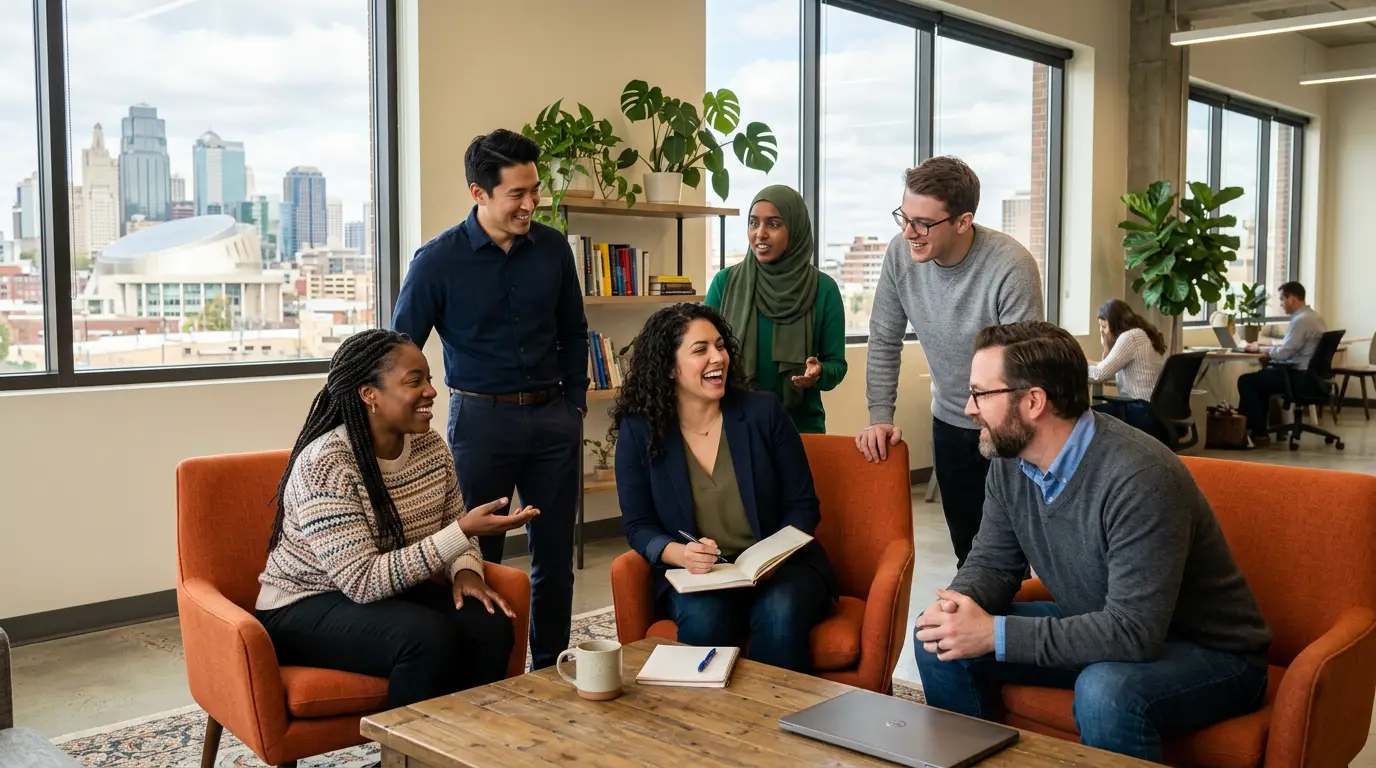 Diverse professionals in a Kansas City co-working space representing technology, engineering, and finance industries