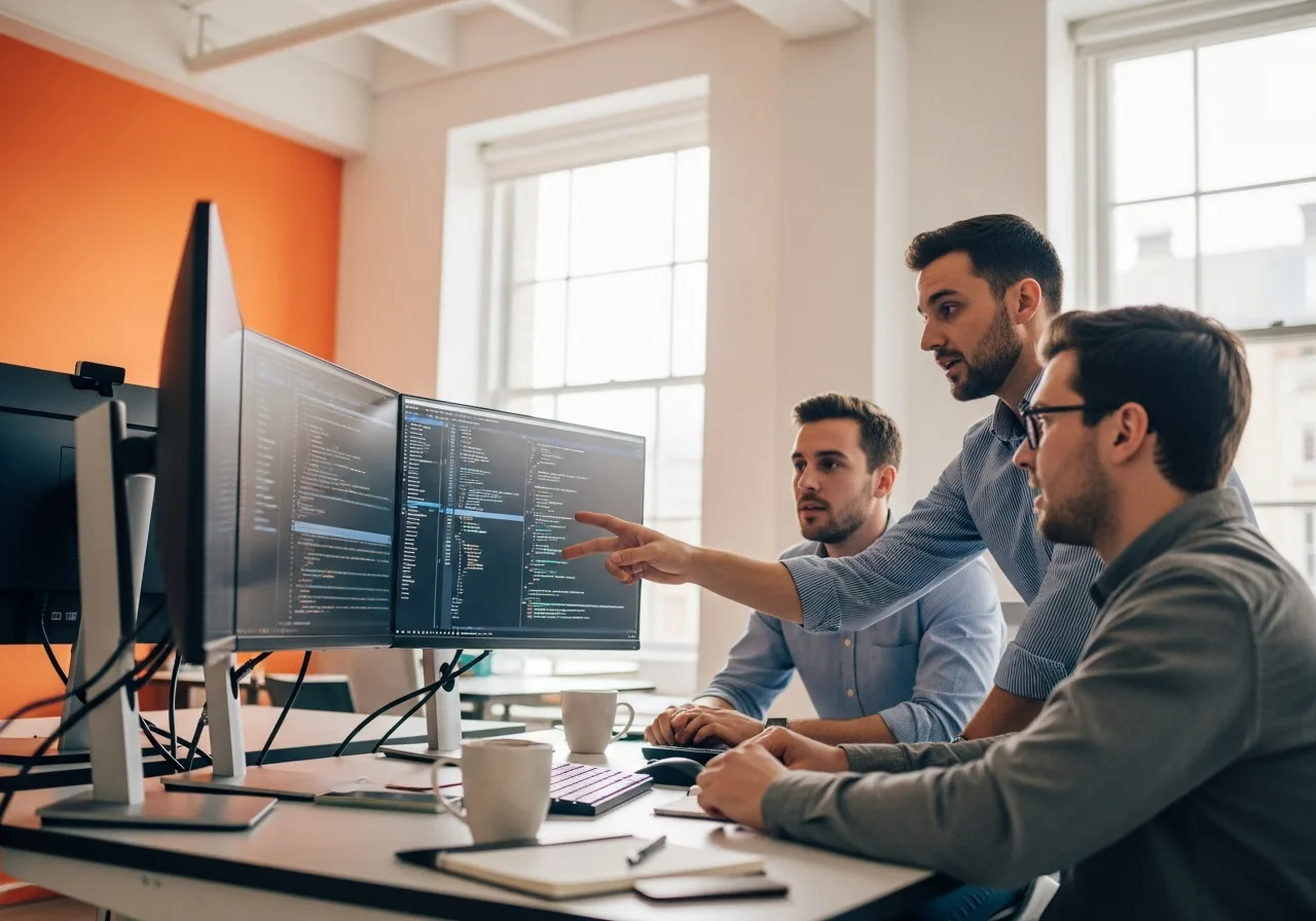 Software developers collaborating around a standing desk in a Kansas City tech office with orange accent wall
