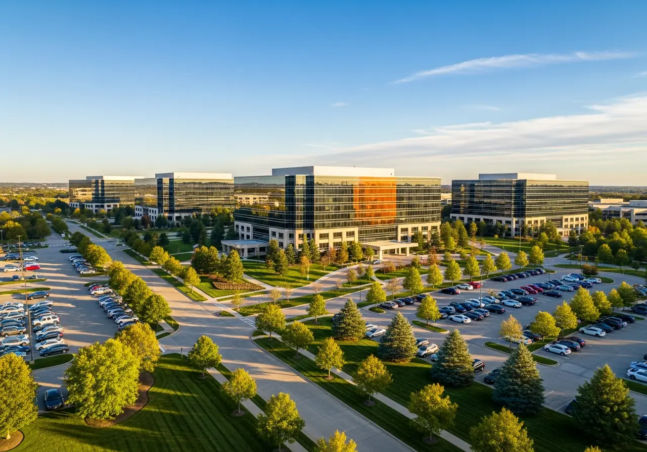 Overland Park Kansas suburban tech corridor with office parks and tree-lined streets at midday