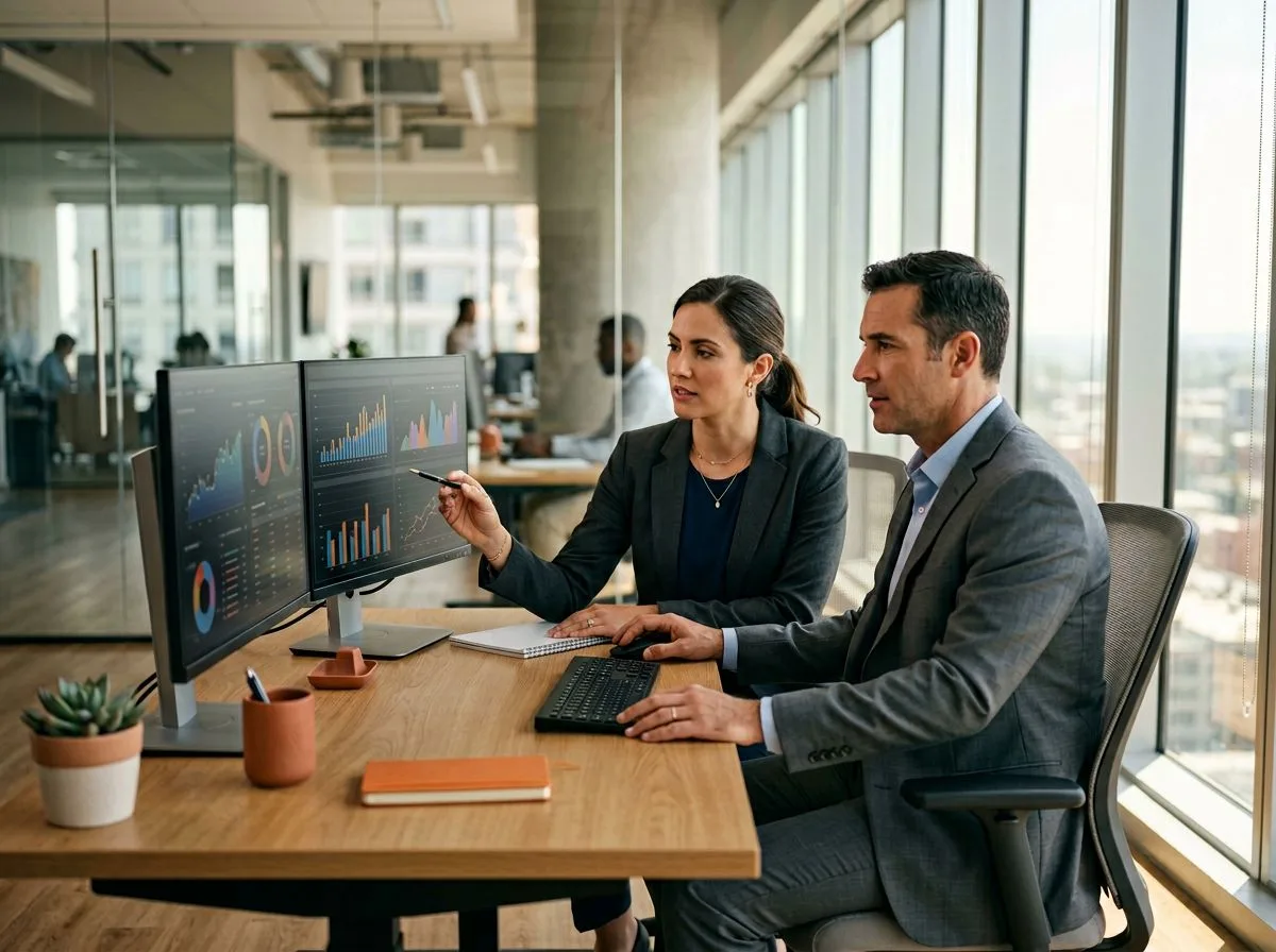 Finance team reviewing data on monitors in a modern Las Vegas office