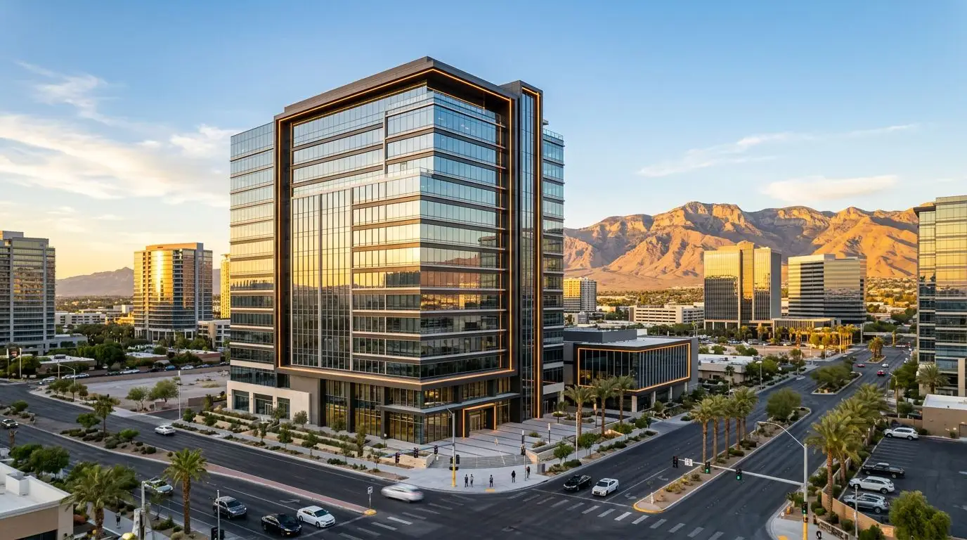 Las Vegas business district with modern office buildings and desert mountain backdrop