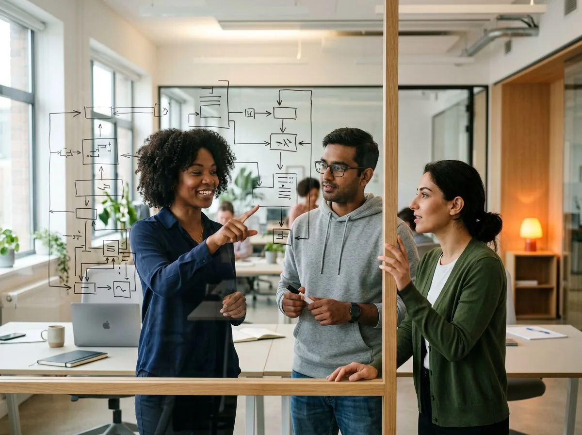 IT professionals collaborating at a whiteboard in a Las Vegas tech office